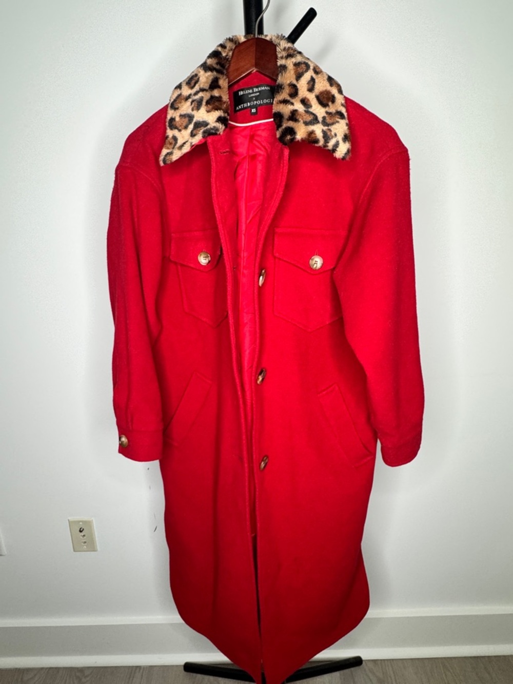 Anthropologie Helene Berman Red Wool Trench with Leopard-Print Faux-Fur Collar